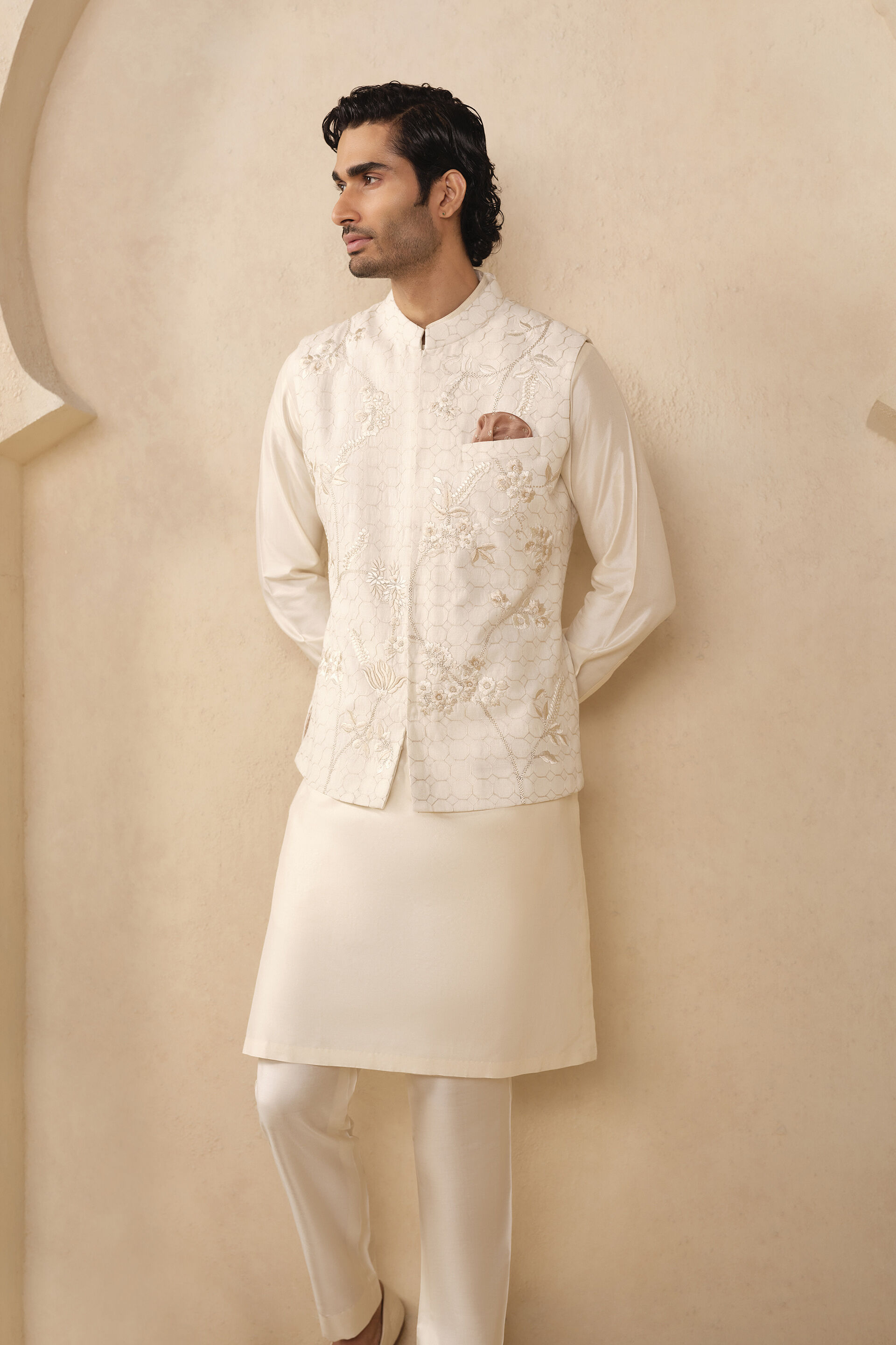 Kavish Embroidered Silk Nehru Jacket -  Off White, Off White, image 3